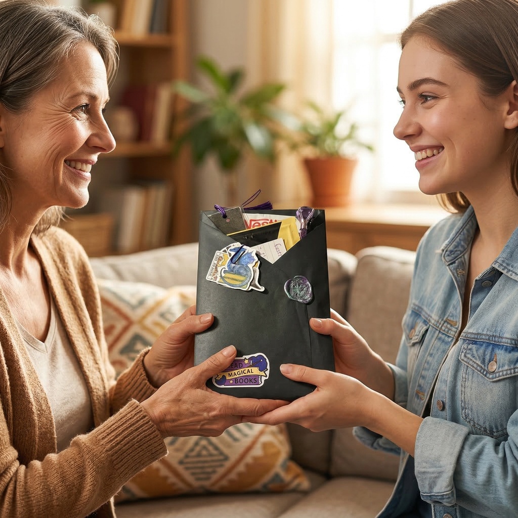 Mother handing Daughter a Book in Disguise